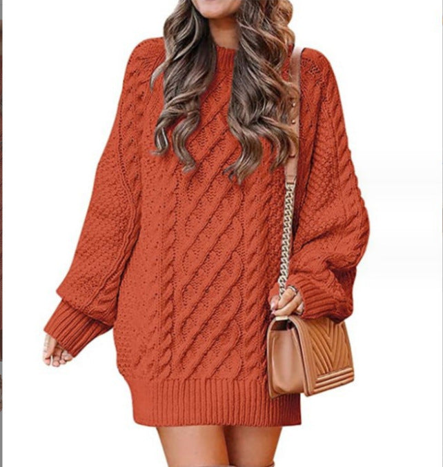 men’s fall fashion 2024 Women's round Neck Long Sleeve Large Profile Twisted Knitted Thick Needle Pullover Mid-Length Warm Sweater for Women Dress