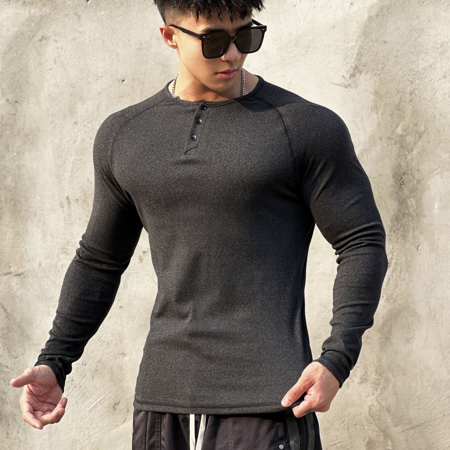 men’s fall fashion 2024 Fleece-lined Sports Suede Henley Shirt Long Sleeve Simple American Style Stretch Muscle Men's T-shirt Training Fitness Top