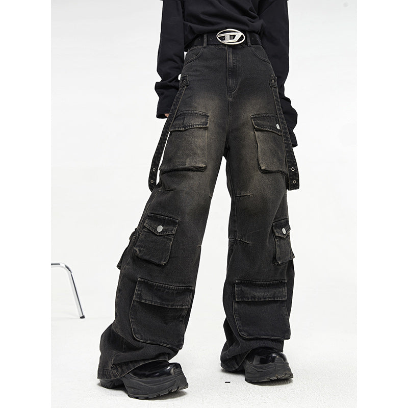 Jordan Denim Black Washed Faded High Waist Straight Leg Multi-Pocket Cargo Pants