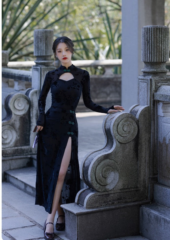 Lilith Black 90s Style Cheongsam 2-Piece Dress