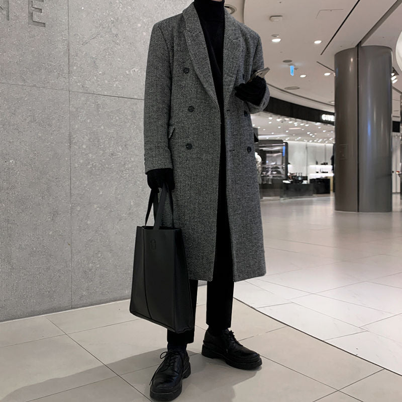 mens winter fashion Mid-Length Woolen Overcoat Men's Winter Korean Style Loose Casual Thickened Men's Woolen Trench Coat