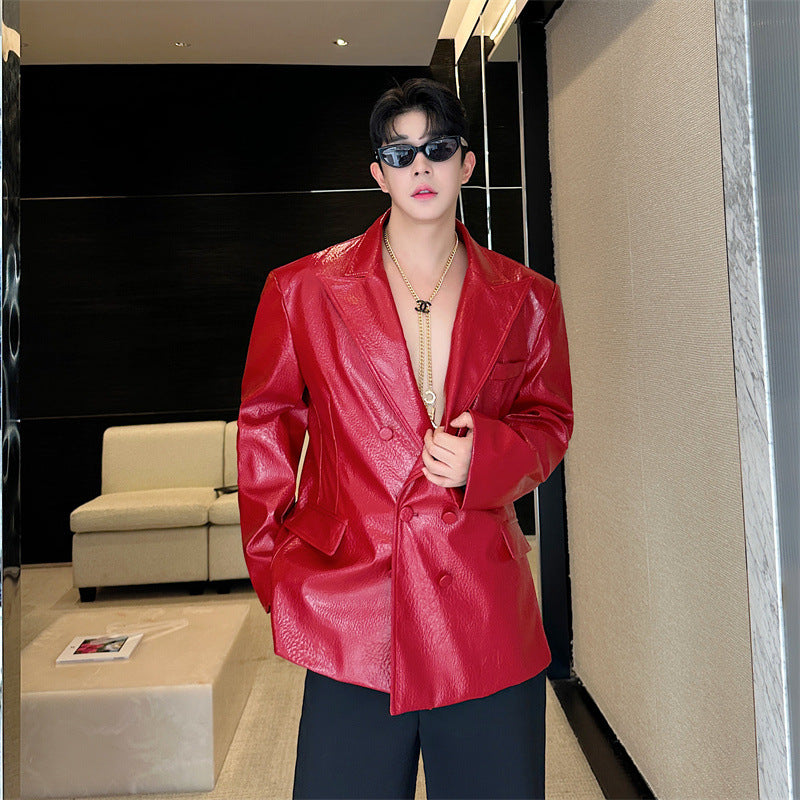 men in black costume Korean Style Crocodile Leather Pattern Shoulder Pad Bright Leather Suit Leather Coat Black and Red Two-Color Trendy Ruan Handsome Suit Jacket 