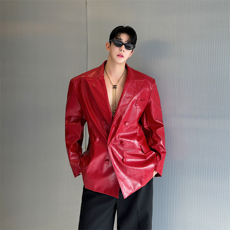 men in black costume Korean Style Crocodile Leather Pattern Shoulder Pad Bright Leather Suit Leather Coat Black and Red Two-Color Trendy Ruan Handsome Suit Jacket 