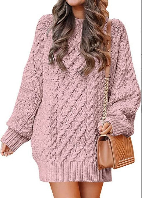 men’s fall fashion 2024 Women's round Neck Long Sleeve Large Profile Twisted Knitted Thick Needle Pullover Mid-Length Warm Sweater for Women Dress