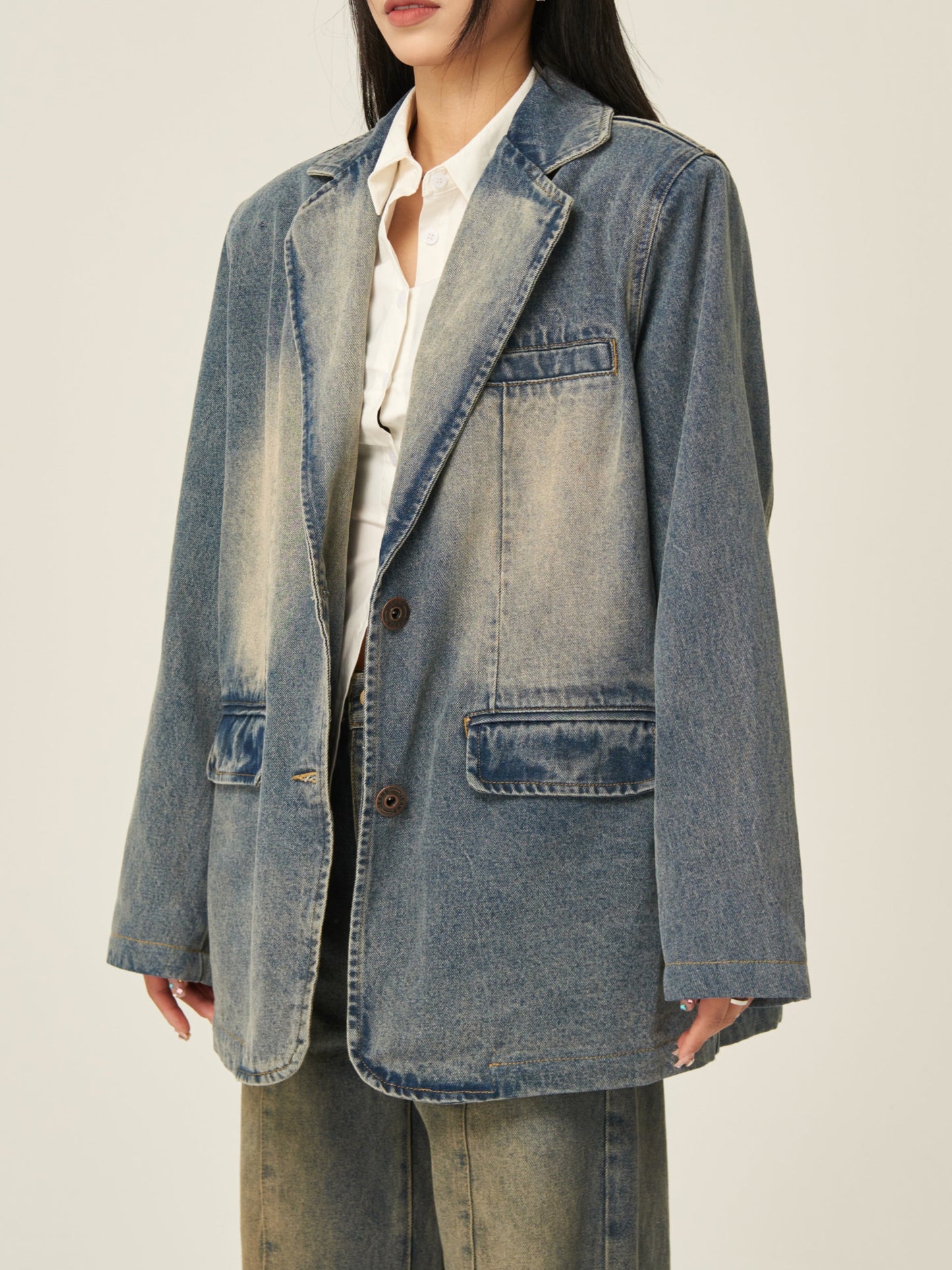 Beatrice Denim Blue Washed Faded Long Sleeve Button Up Blazer Denim Jacket