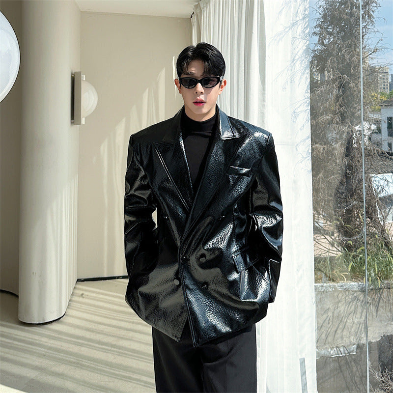 men in black costume Korean Style Crocodile Leather Pattern Shoulder Pad Bright Leather Suit Leather Coat Black and Red Two-Color Trendy Ruan Handsome Suit Jacket 