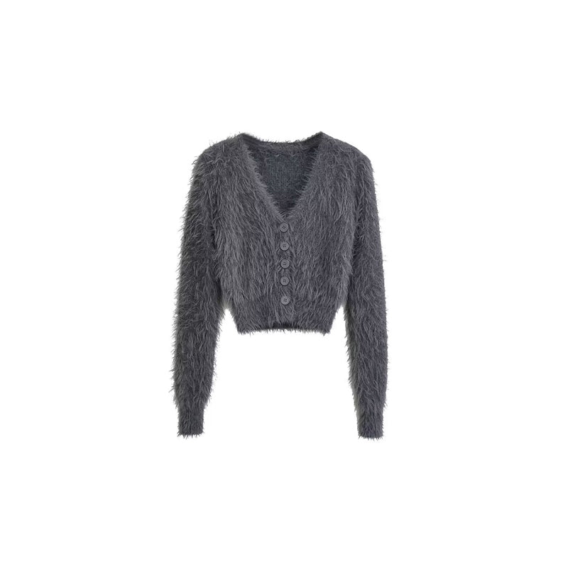 Cassandra Solid Color Fluff Long Sleeve Button Up Sweater