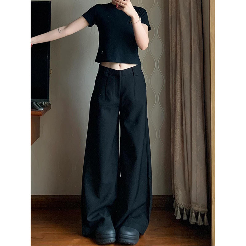 business casual men Plus Size Black Straight Suit Wide-Leg Pants Women's Summer High Waist Draping Loose Slimming Casual Mopping Pants