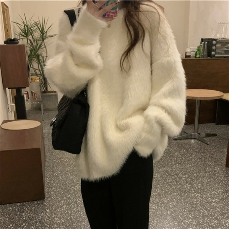 mens fall fashion Faux Mink Velvet round Neck Loose Pullover Women's Spring and Autumn New Large Version Lazy Style Warm Coat