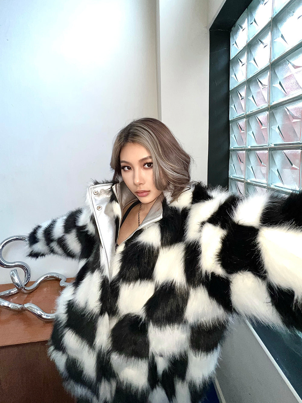 Quin Checkered Fur Silver Unicorn Blood Jacket