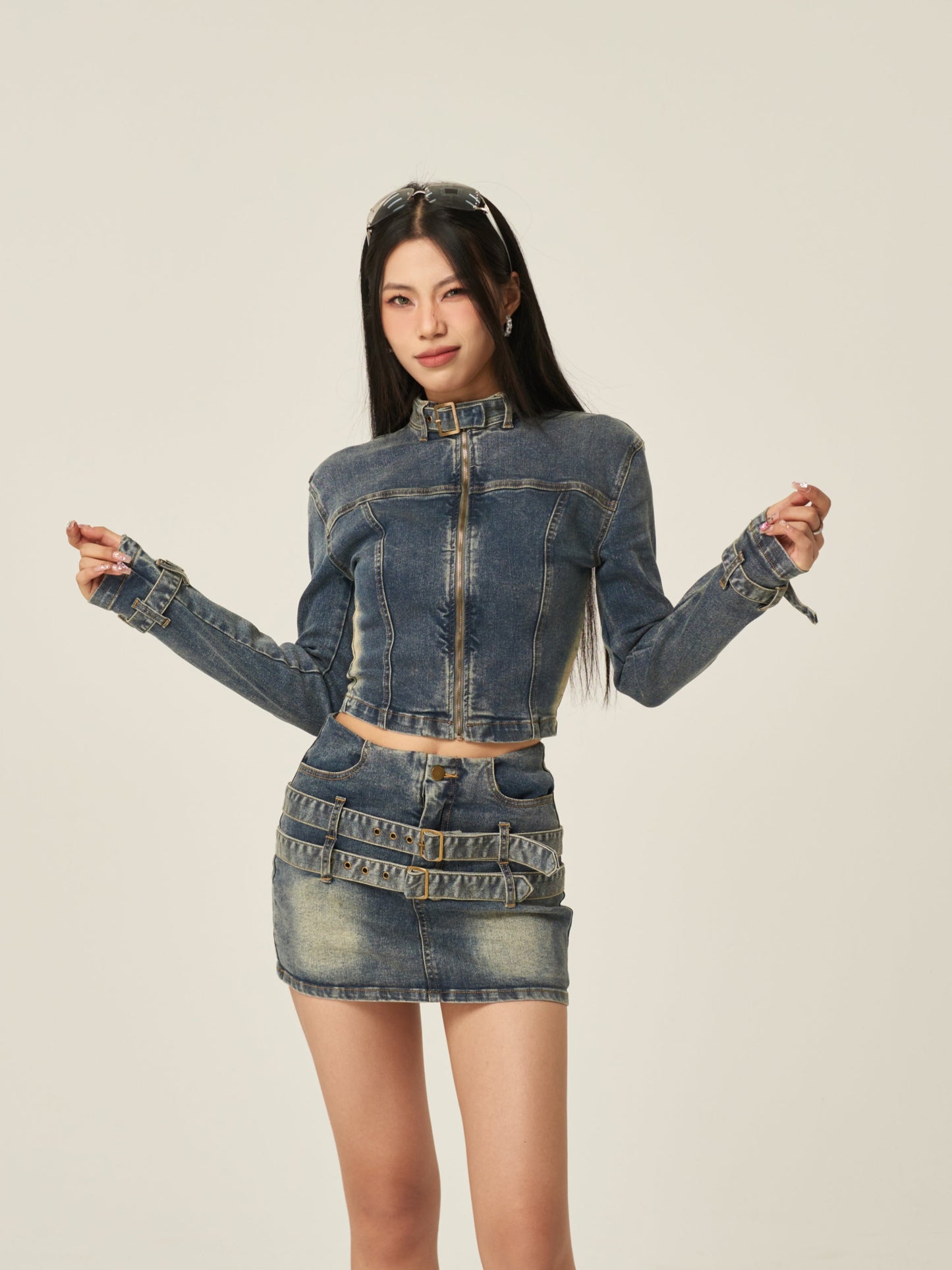 Fiona Denim Blue Washed Faded Long Sleeve Zip Up Jacket High Waist Belt Straps Jeans Mini Skirt Matching Set