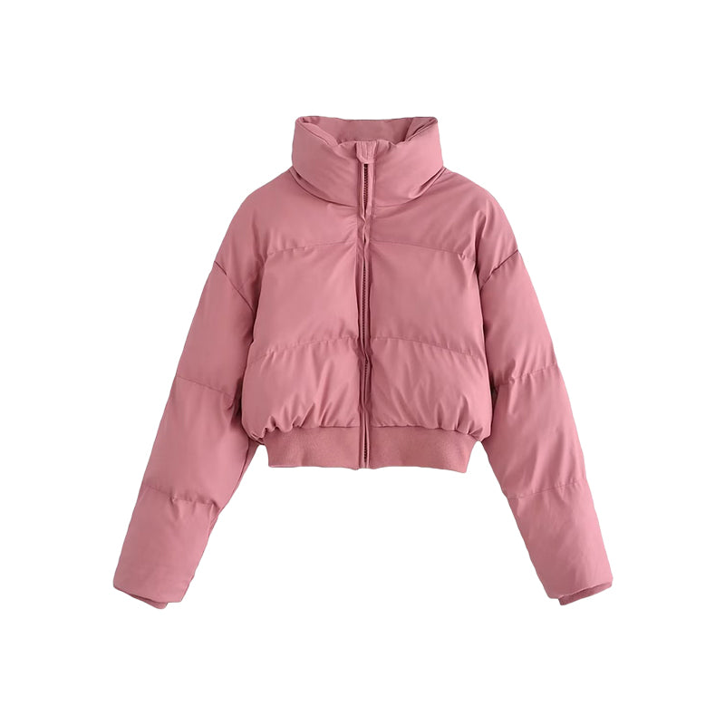 Nia Solid Color Pink Long Sleeve Turtleneck Zip-Up Cropped Puffer Jacket