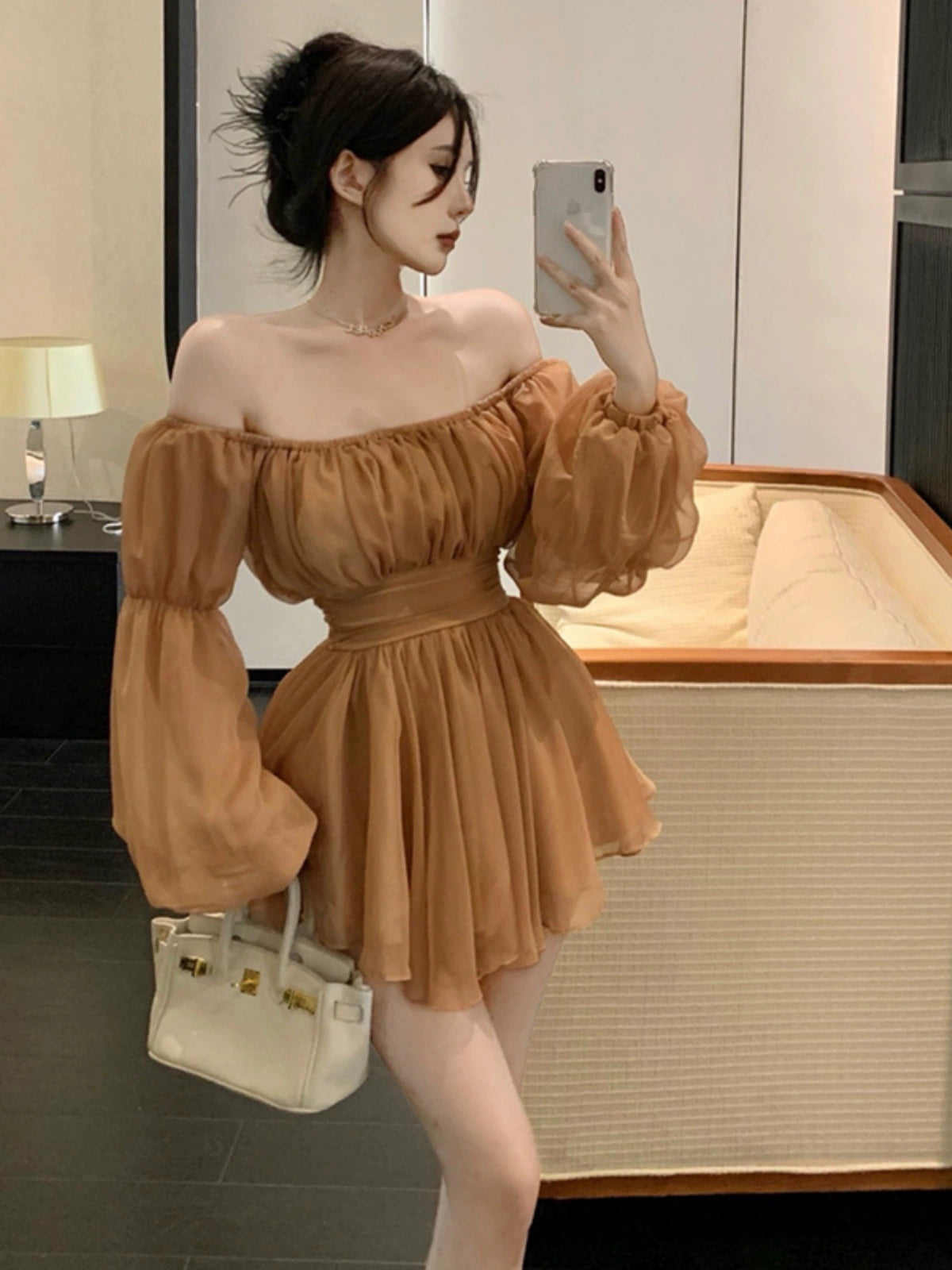 Autumn and Winter off-Shoulder Long Sleeve Sexy Chiffon Dress