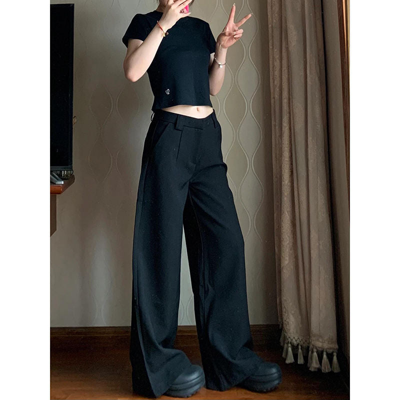 business casual men Plus Size Black Straight Suit Wide-Leg Pants Women's Summer High Waist Draping Loose Slimming Casual Mopping Pants