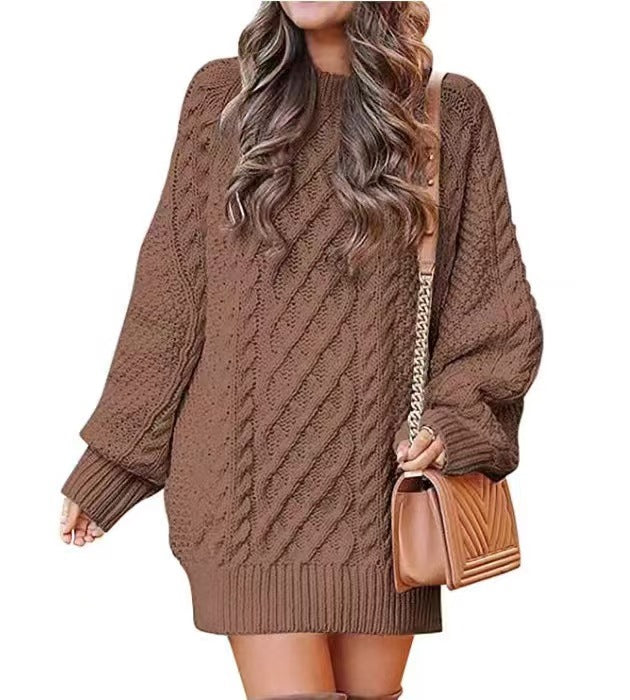 men’s fall fashion 2024 Women's round Neck Long Sleeve Large Profile Twisted Knitted Thick Needle Pullover Mid-Length Warm Sweater for Women Dress