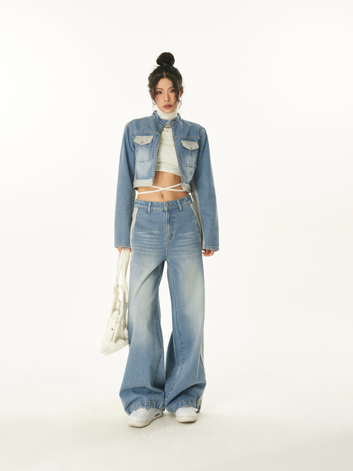 Dallas Patchwork Denim Blue Cropped Jeans Jacket High Waist Straight Leg Denim Jeans Pants Matching Set