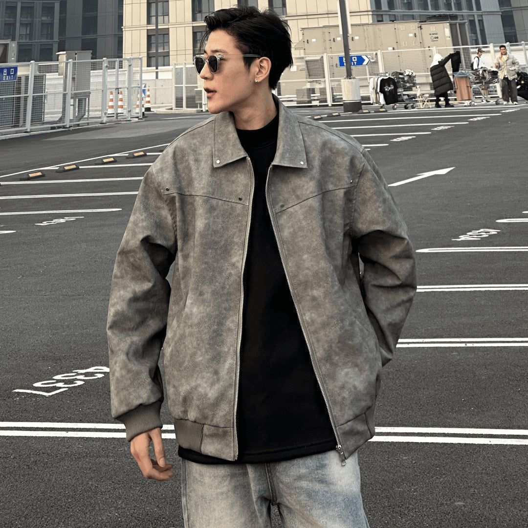 90s streetwear Autumn New Fashion Trendy All-Match High Texture American Street Retro Casual Leather Jacket