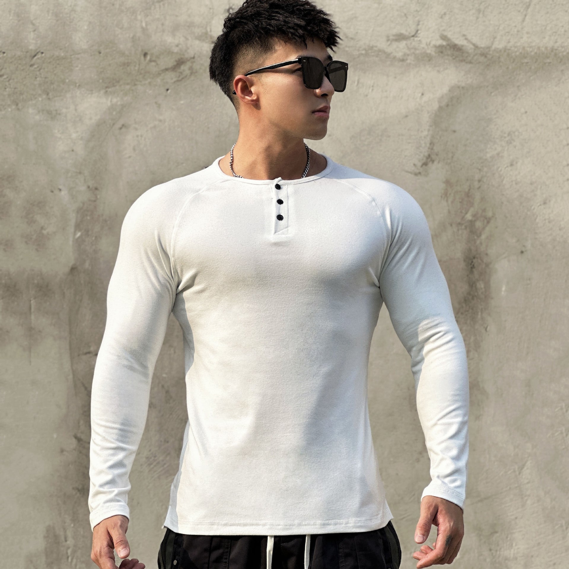 men’s fall fashion 2024 Fleece-lined Sports Suede Henley Shirt Long Sleeve Simple American Style Stretch Muscle Men's T-shirt Training Fitness Top