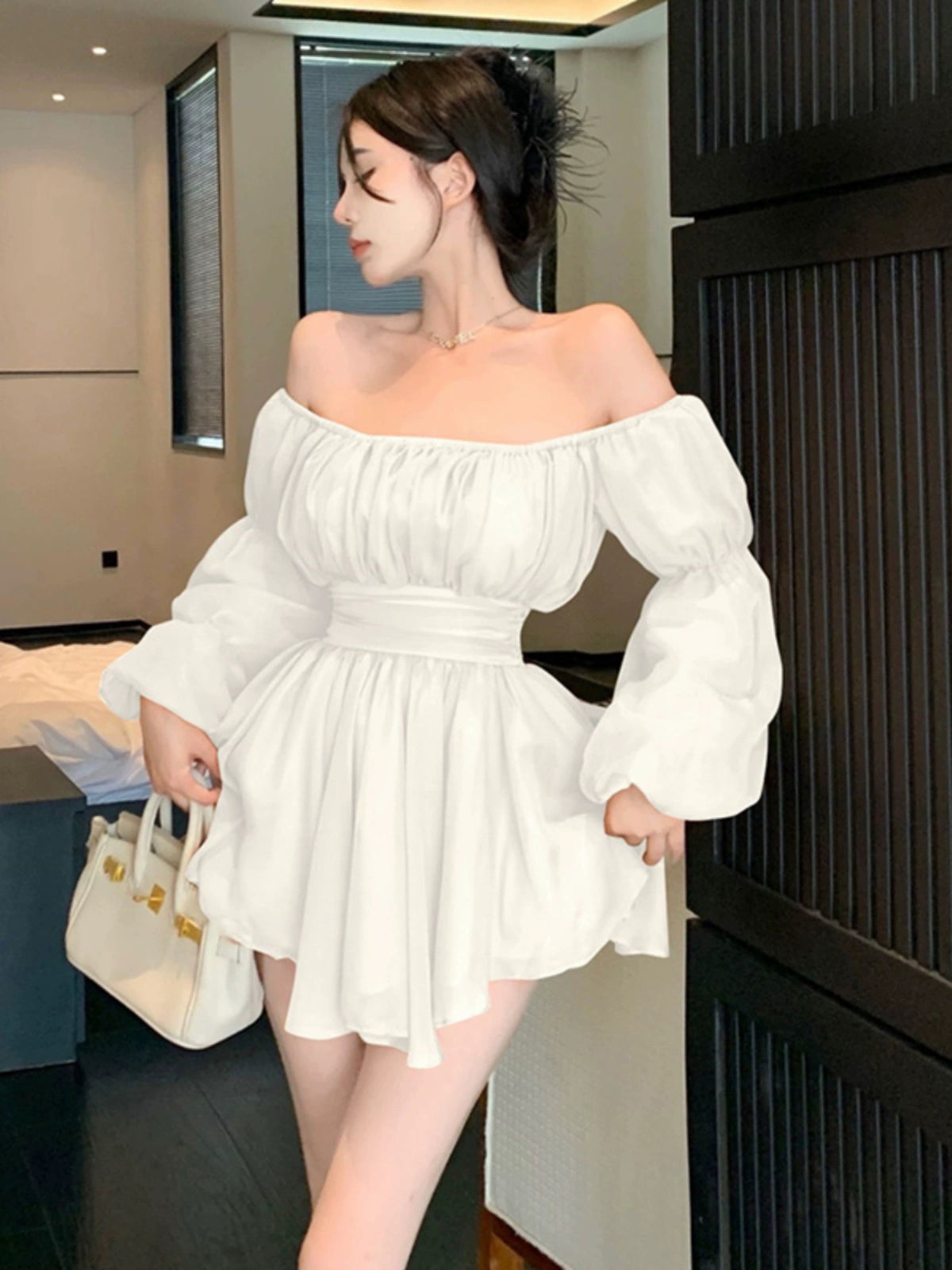 Autumn and Winter off-Shoulder Long Sleeve Sexy Chiffon Dress