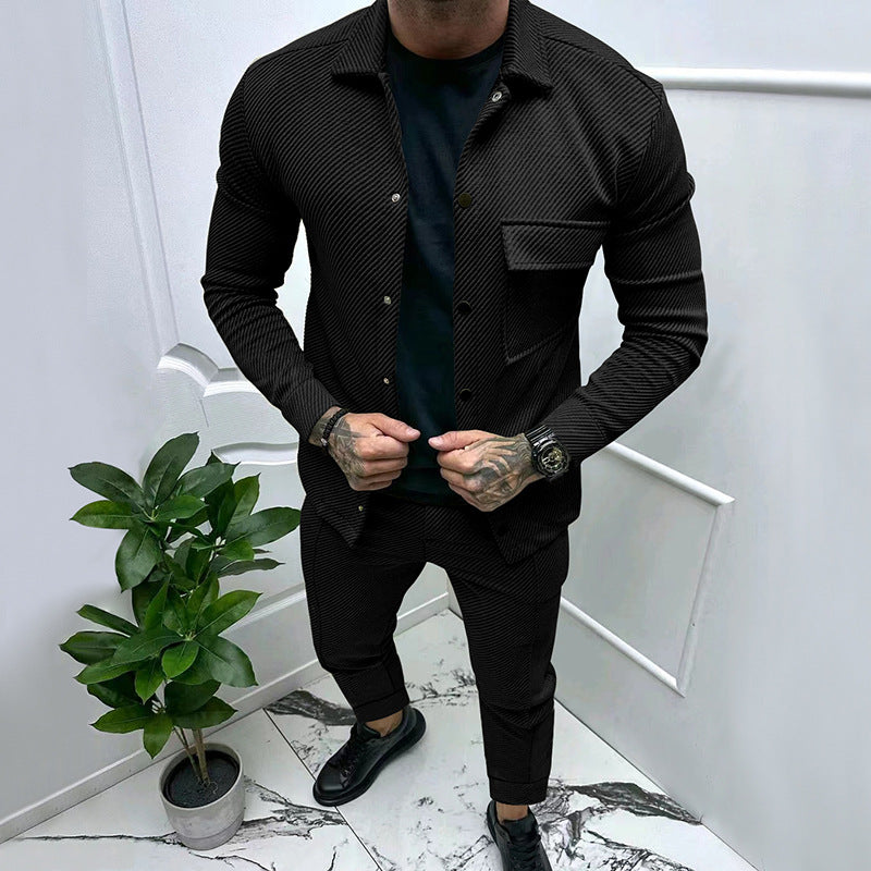 Autumn and Winter Twill Jacket Casual Pants Men's New Pure Color Jacquard Men's Two-Piece Suit