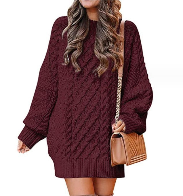 men’s fall fashion 2024 Women's round Neck Long Sleeve Large Profile Twisted Knitted Thick Needle Pullover Mid-Length Warm Sweater for Women Dress