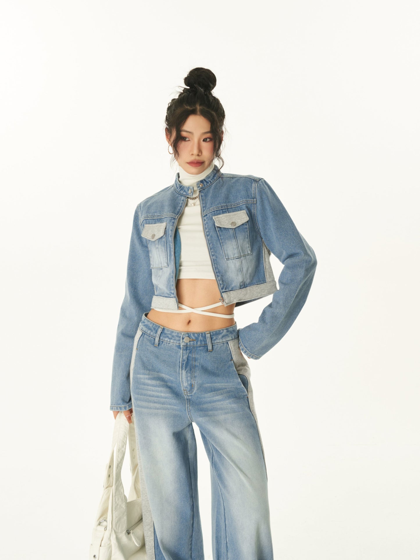 Dallas Patchwork Denim Blue Cropped Jeans Jacket High Waist Straight Leg Denim Jeans Pants Matching Set