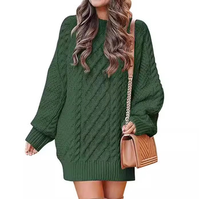 men’s fall fashion 2024 Women's round Neck Long Sleeve Large Profile Twisted Knitted Thick Needle Pullover Mid-Length Warm Sweater for Women Dress