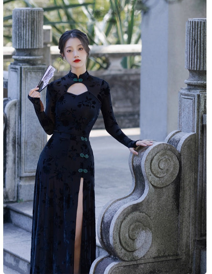 Lilith Black 90s Style Cheongsam 2-Piece Dress