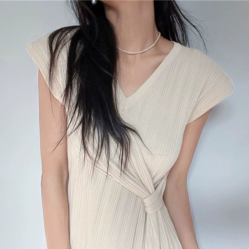 Light and mature style irregular V-neck slim dress sexy strap design slit mid-skirt for women