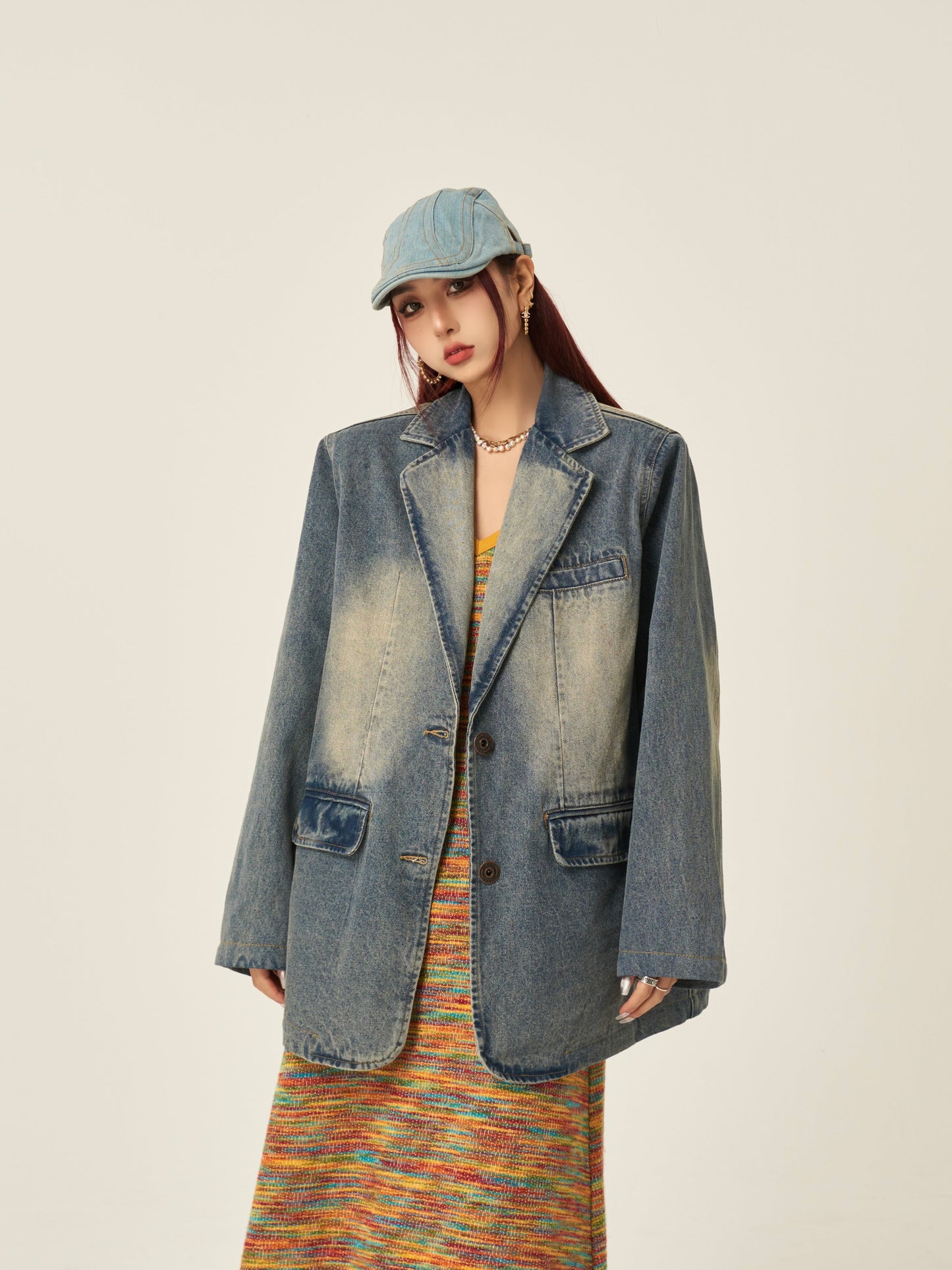 Beatrice Denim Blue Washed Faded Long Sleeve Button Up Blazer Denim Jacket