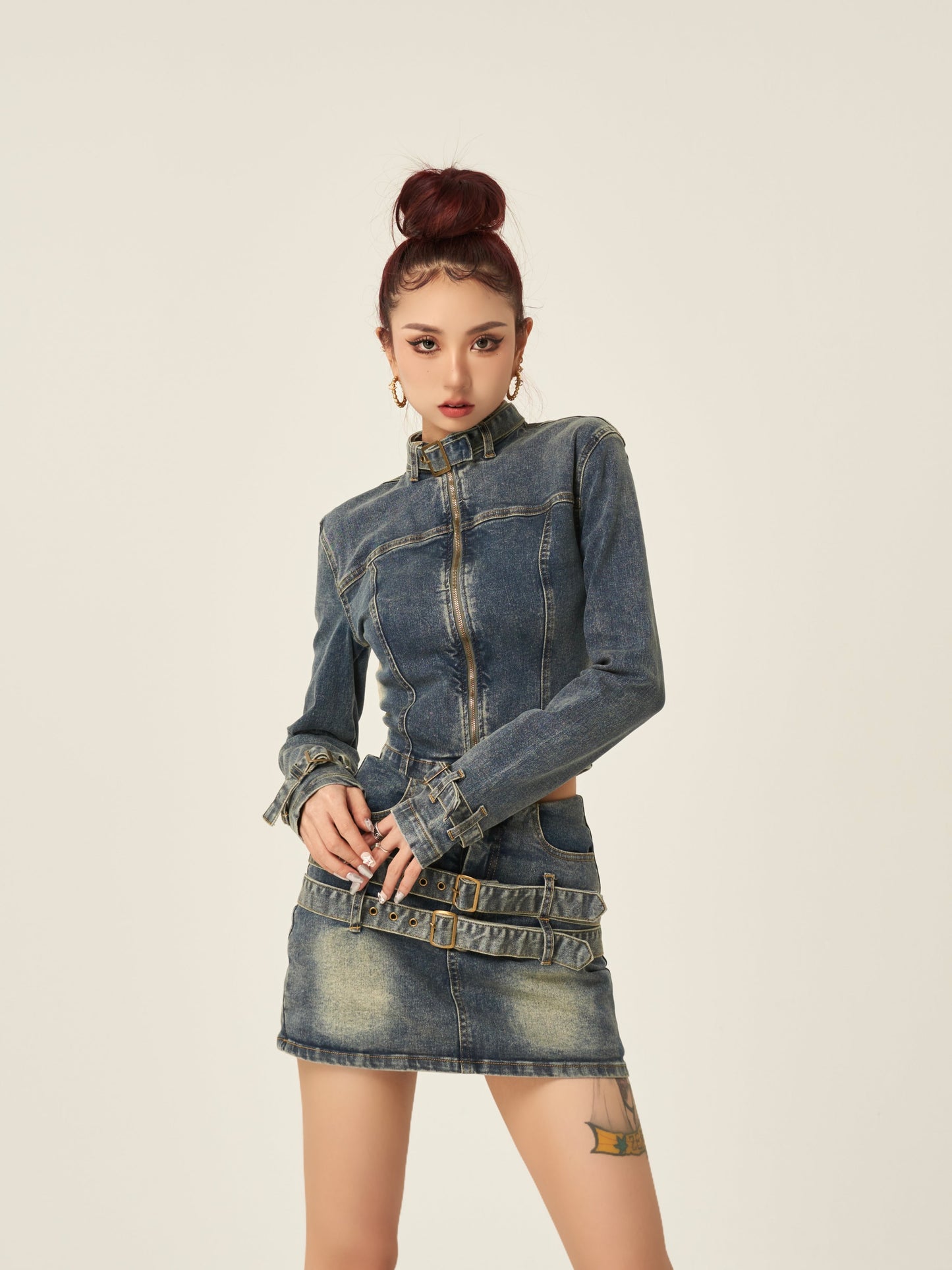 Fiona Denim Blue Washed Faded Long Sleeve Zip Up Jacket High Waist Belt Straps Jeans Mini Skirt Matching Set