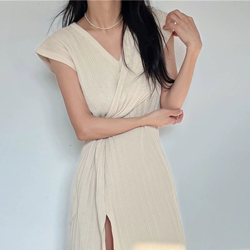 Light and mature style irregular V-neck slim dress sexy strap design slit mid-skirt for women