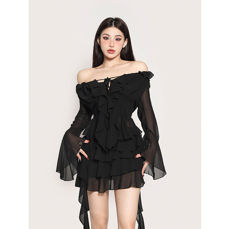 Mimiwu Solid Color Shiffon Bandeau Long Sleeve Cardigan Tassel Dress Set