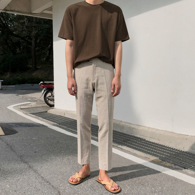 classy outfits men Myq Linen Casual Pants Men's Summer Korean Style Loose Trendy Cotton and Linen All-Match Cropped Straight Small Suit Pants