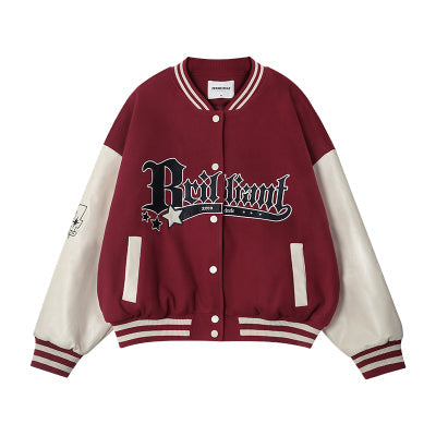 Brilliant Baggy Red Patchwork Varsity Jacket