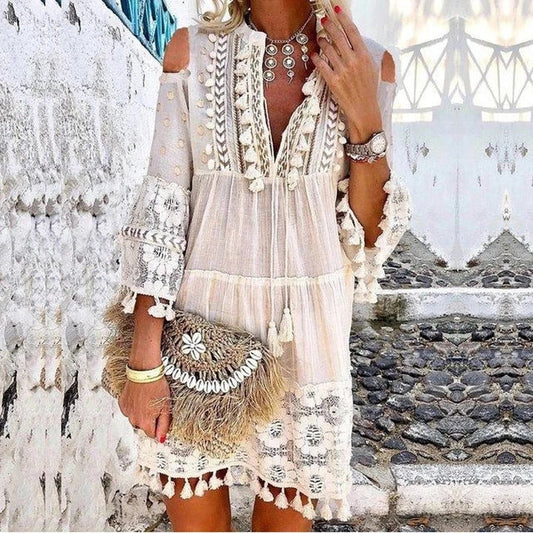 Causal 3/4 Sleeve V Neck Holiday Boho Dresses AD614