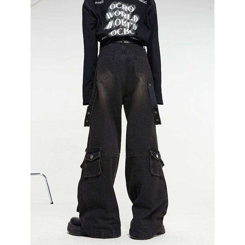 Jordan Denim Black Washed Faded High Waist Straight Leg Multi-Pocket Cargo Pants