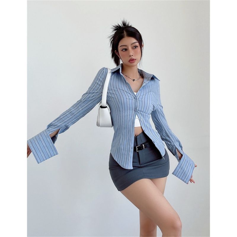 American Hot Girl Chic Blue Striped Shirt Women's Autumn Slim Fit Slimming Waist-Tight Long Sleeve Top