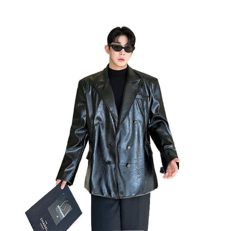 men in black costume Korean Style Crocodile Leather Pattern Shoulder Pad Bright Leather Suit Leather Coat Black and Red Two-Color Trendy Ruan Handsome Suit Jacket 