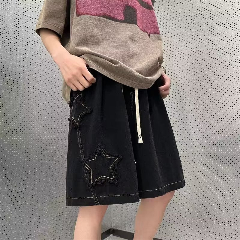 90s streetwear American Hiphop Star Shorts Men's Summer Pu Shuai Fried Street Casual Cropped Pants Oversize