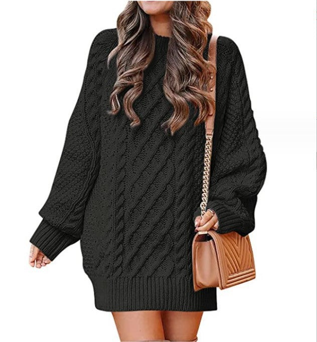 men’s fall fashion 2024 Women's round Neck Long Sleeve Large Profile Twisted Knitted Thick Needle Pullover Mid-Length Warm Sweater for Women Dress