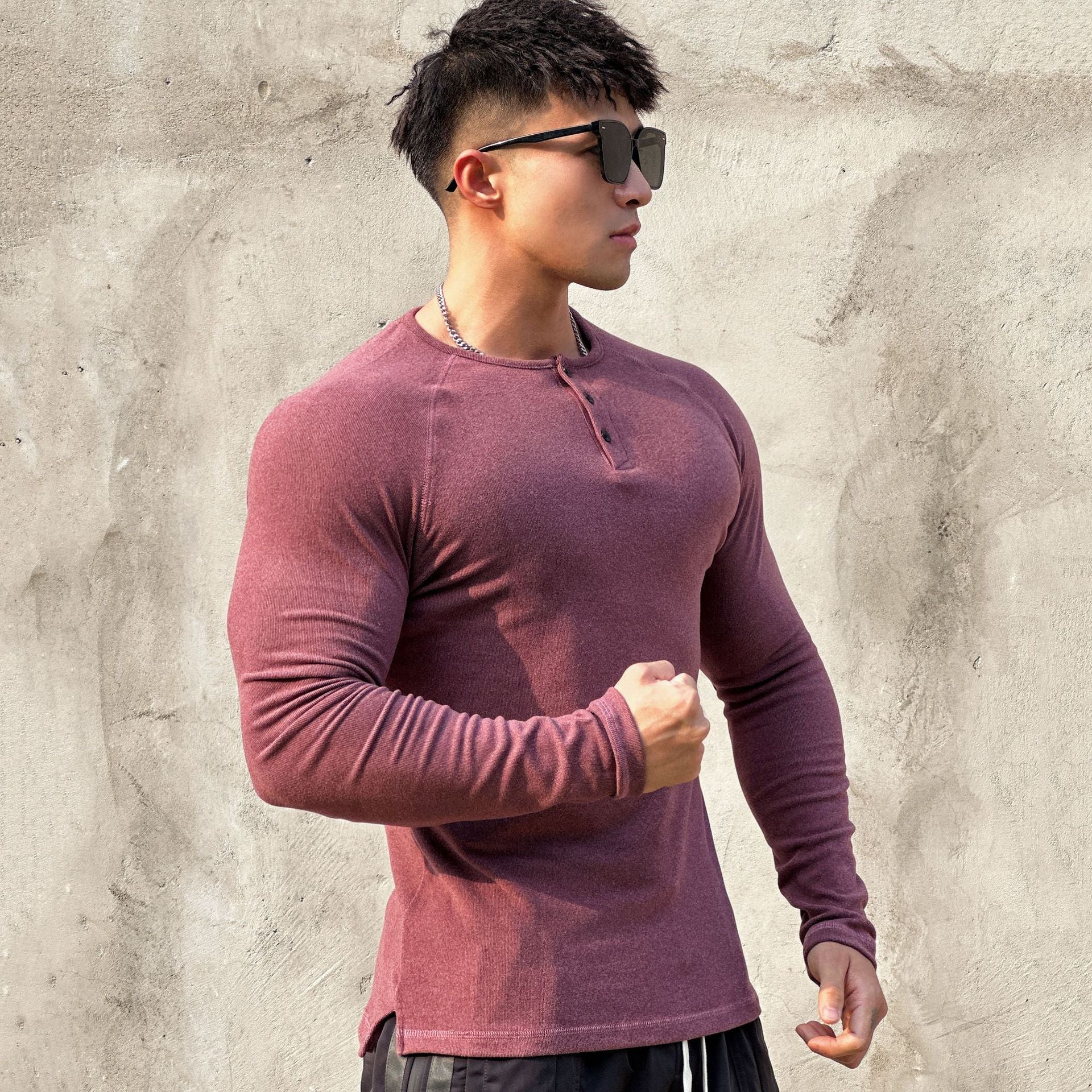 men’s fall fashion 2024 Fleece-lined Sports Suede Henley Shirt Long Sleeve Simple American Style Stretch Muscle Men's T-shirt Training Fitness Top