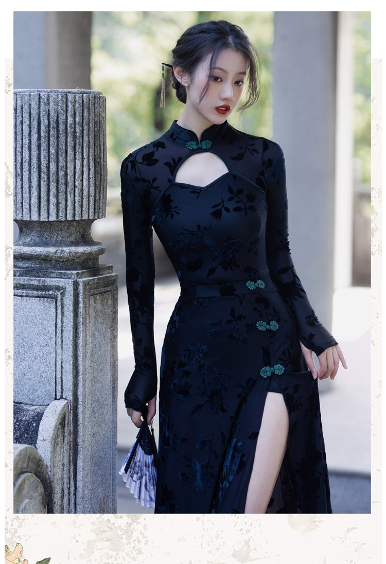 Lilith Black 90s Style Cheongsam 2-Piece Dress