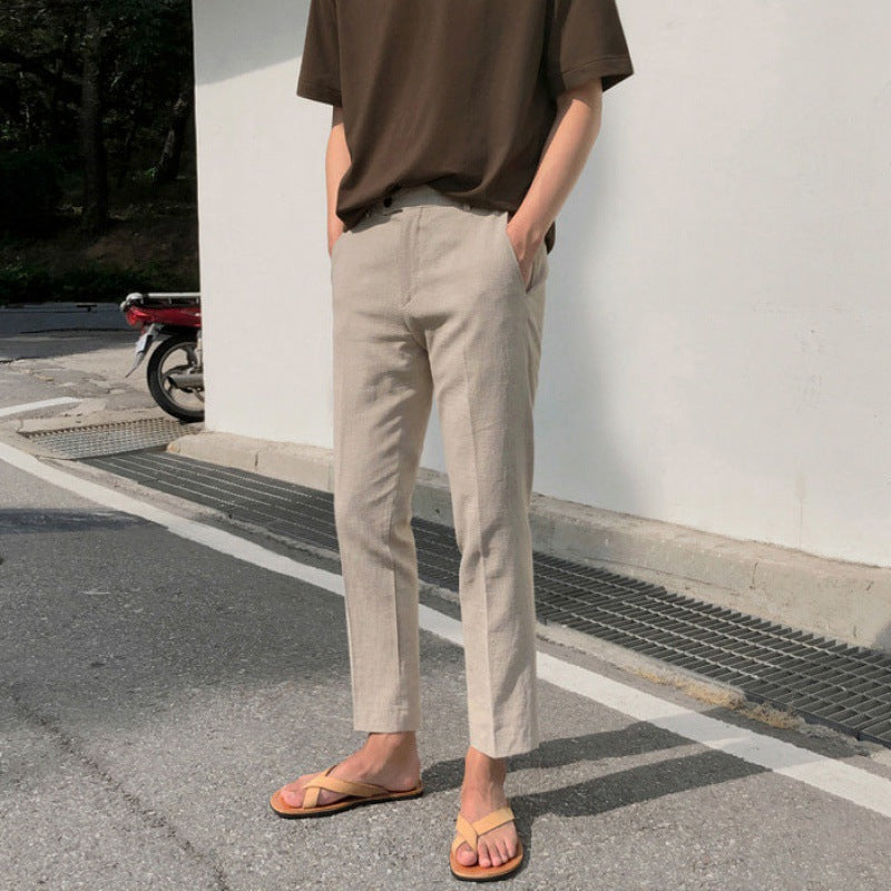 classy outfits men Myq Linen Casual Pants Men's Summer Korean Style Loose Trendy Cotton and Linen All-Match Cropped Straight Small Suit Pants