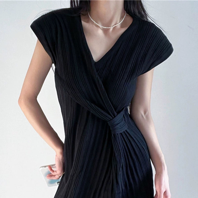 Light and mature style irregular V-neck slim dress sexy strap design slit mid-skirt for women