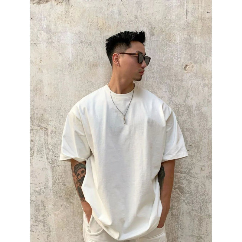 boy outfits American Style Small High Neckline Short Sleeve Men's New Half Sleeve White Undershirt Solid Color round Neck Loose T-shirt Fashion