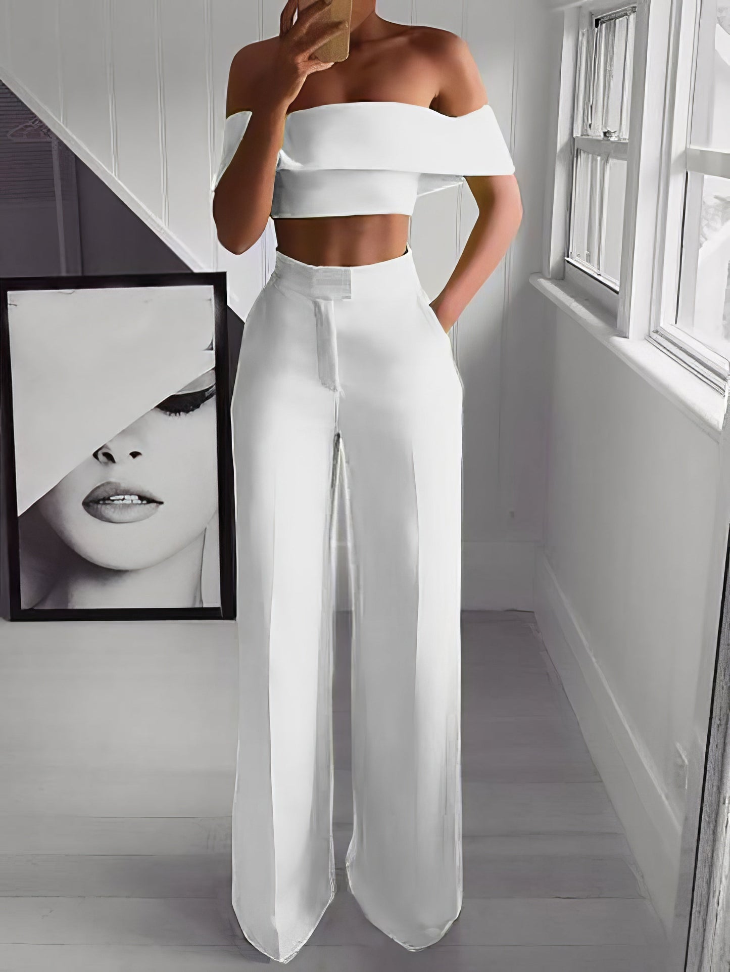 One-Shoulder Crop Top & Mopping Pants Two-Piece Suit