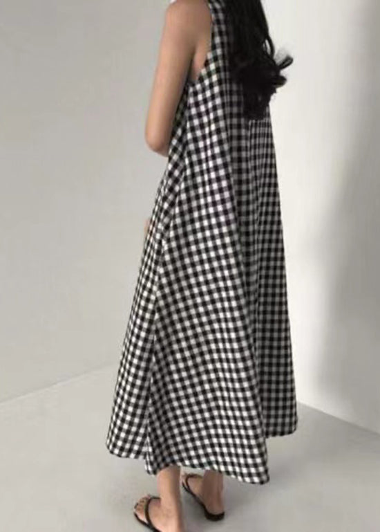 Original Design Black O Neck Plaid Cotton Long Dress Sleeveless AP040