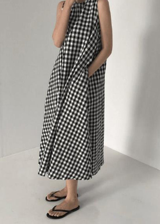 Original Design Black O Neck Plaid Cotton Long Dress Sleeveless AP040