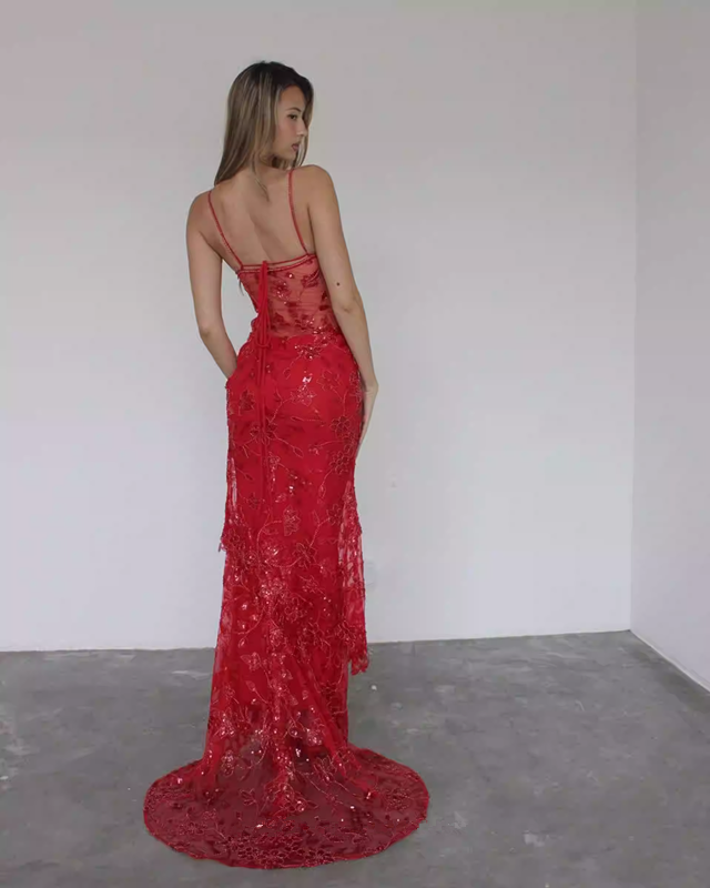 Beautiful Spaghetti Straps Birthday Party Dresses Red Lace Prom Dresses